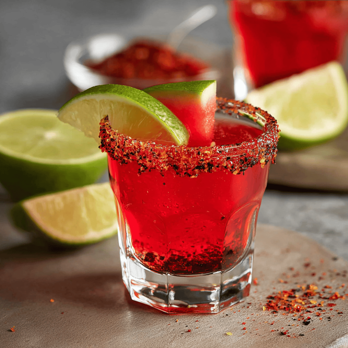 Mexican Candy Shot in a small glass with a chili-sugar rim and lime garnish