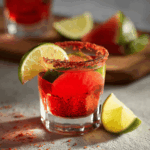 Close-up of a Mexican Candy Shot featuring chamoy sauce and a lime wedge