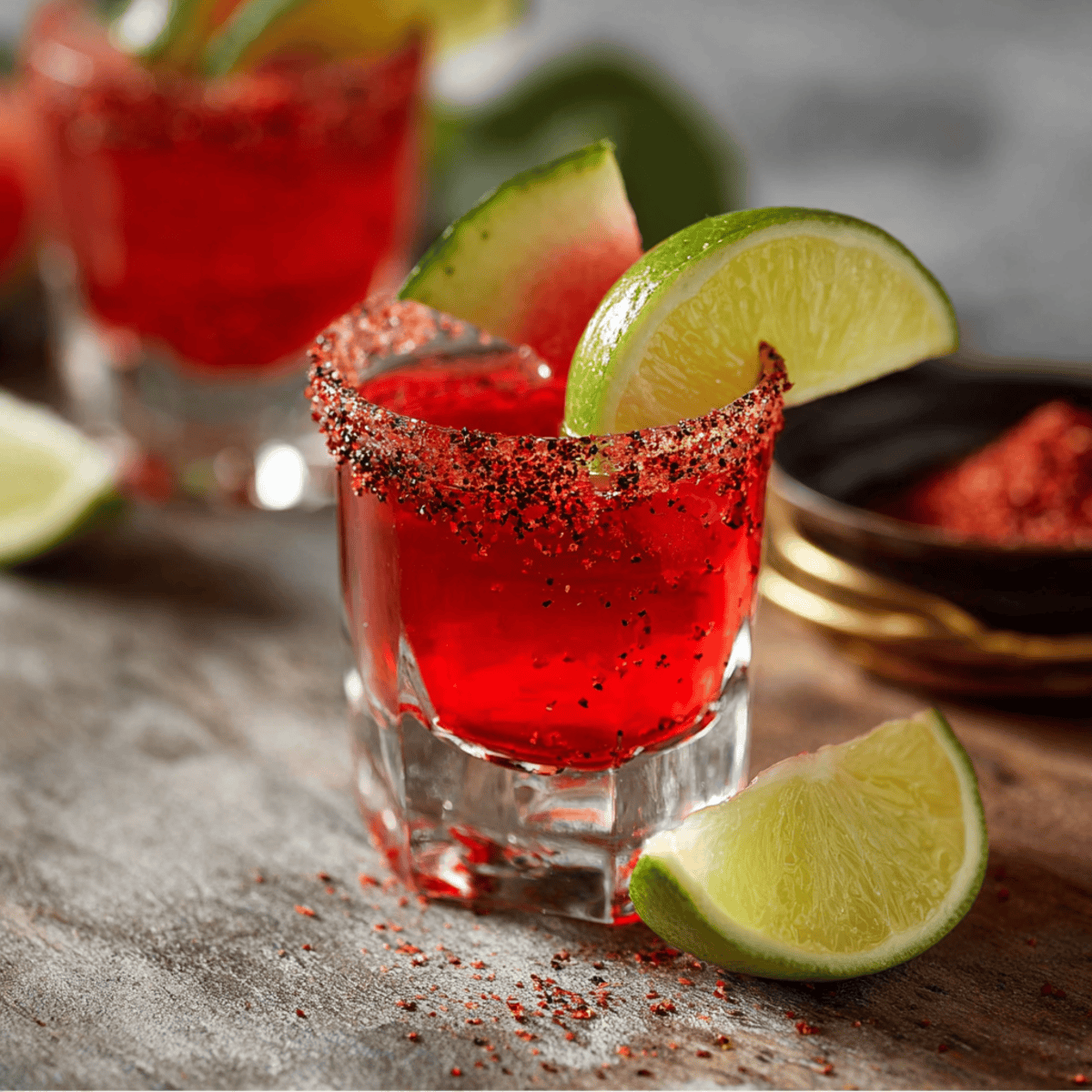 Mexican Candy Shot with tequila, lime, and chili-sugar rim on a rustic wooden table