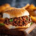 Sloppy Joe sandwich with juicy seasoned ground beef and tomato sauce on a toasted bun