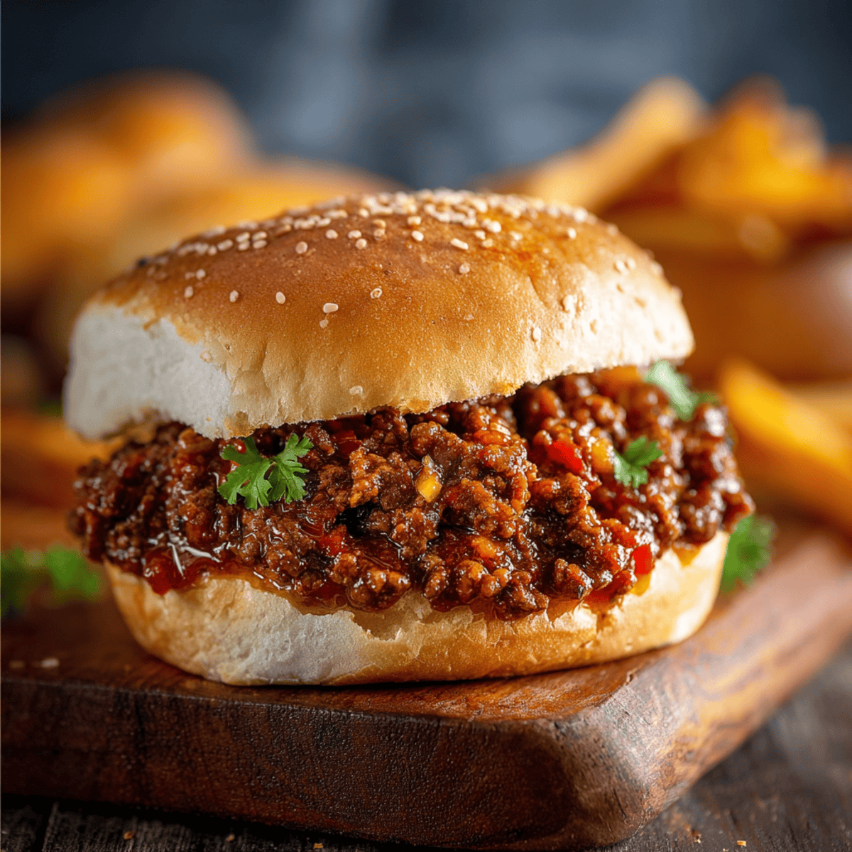 Sloppy Joe sandwich with juicy seasoned ground beef and tomato sauce on a toasted bun
