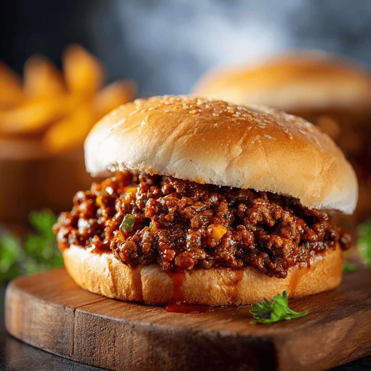 Delicious Sloppy Joe served with fresh pickles and a side of fries