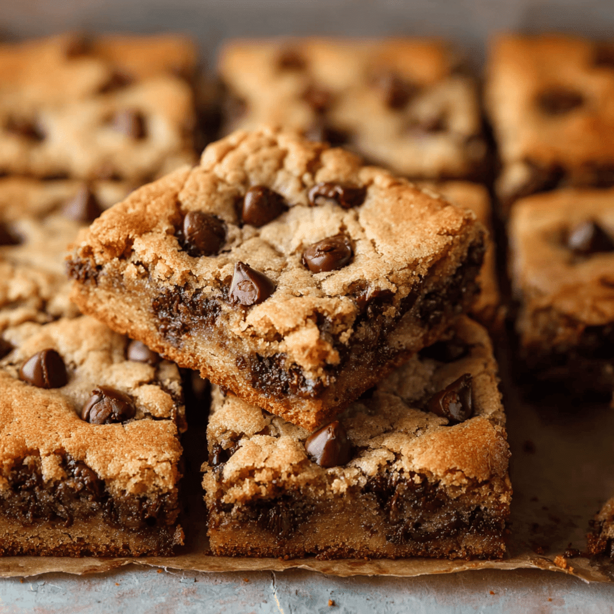 Stack of classic Toll House cookies on parchment paper with ingredients in the background