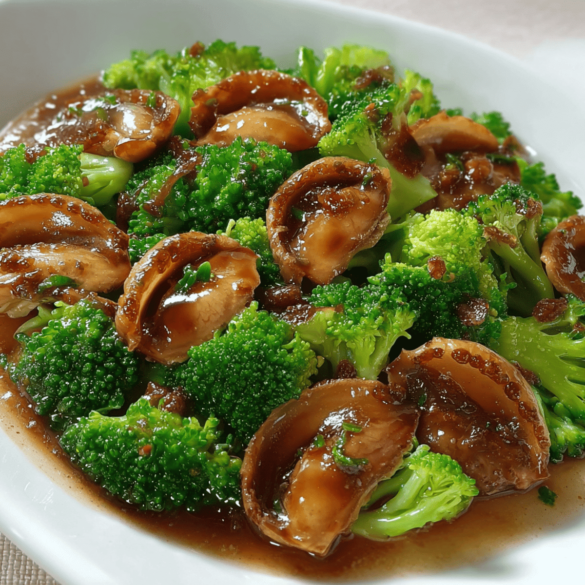 Braised abalone with vibrant green broccoli florets, served on a white plate in rich sauce. 