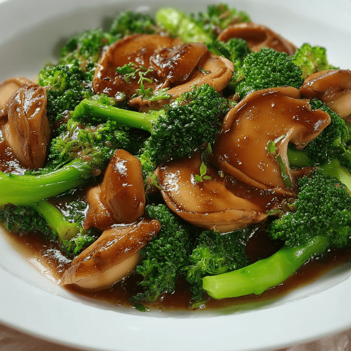 A close-up of savory braised abalone and crisp broccoli, beautifully presented with sauce.