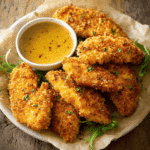Oven-baked chicken tenderloin fillets with seasoning and fresh parsley garnish