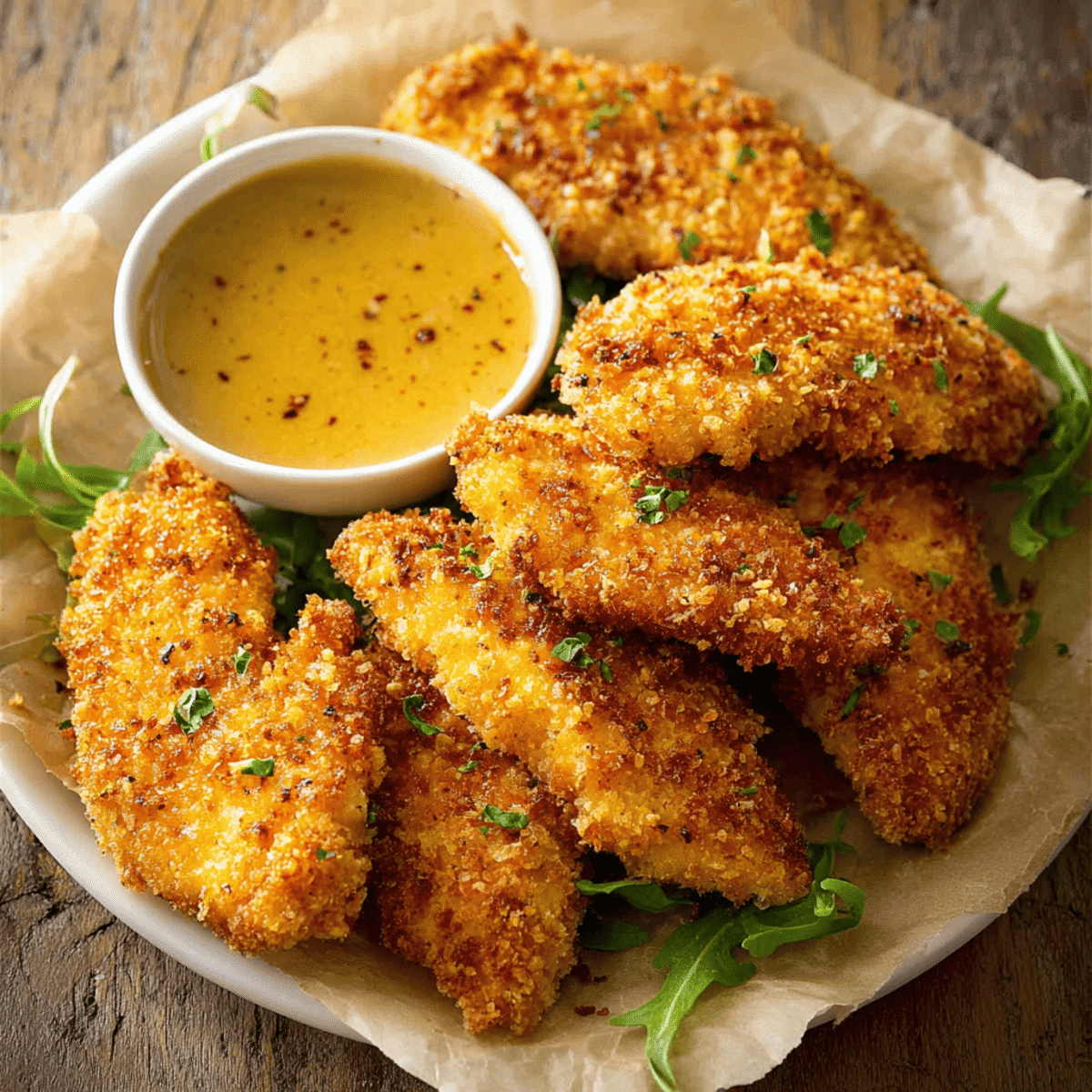 Oven-baked chicken tenderloin fillets with seasoning and fresh parsley garnish