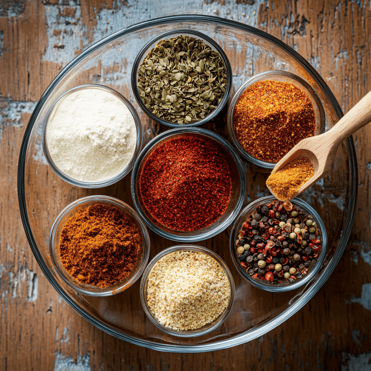 All spices for chili seasoning laid out in small glass bowls before mixing