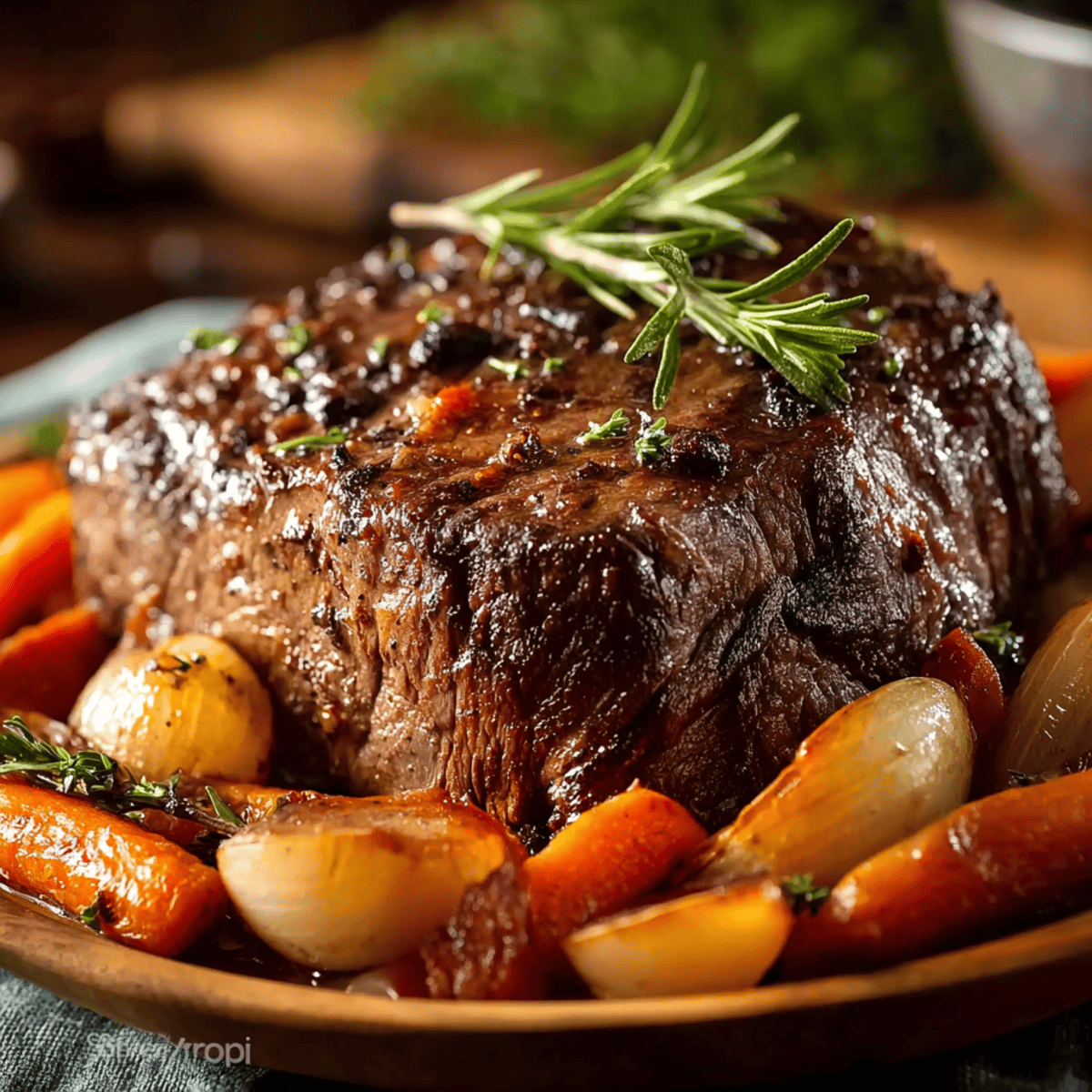 Tender elk roast recipe with a rich brown crust, surrounded by roasted carrots, onions, and fresh herbs.