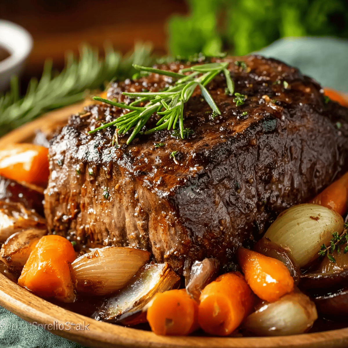Juicy elk roast recipe served with roasted carrots and onions, topped with fragrant herbs for a savory, rustic presentation.