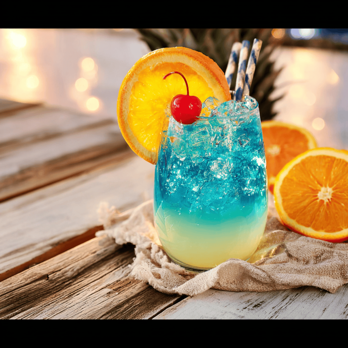 Tropical Kenny Cooler drink in a tall glass with orange and cherry on top