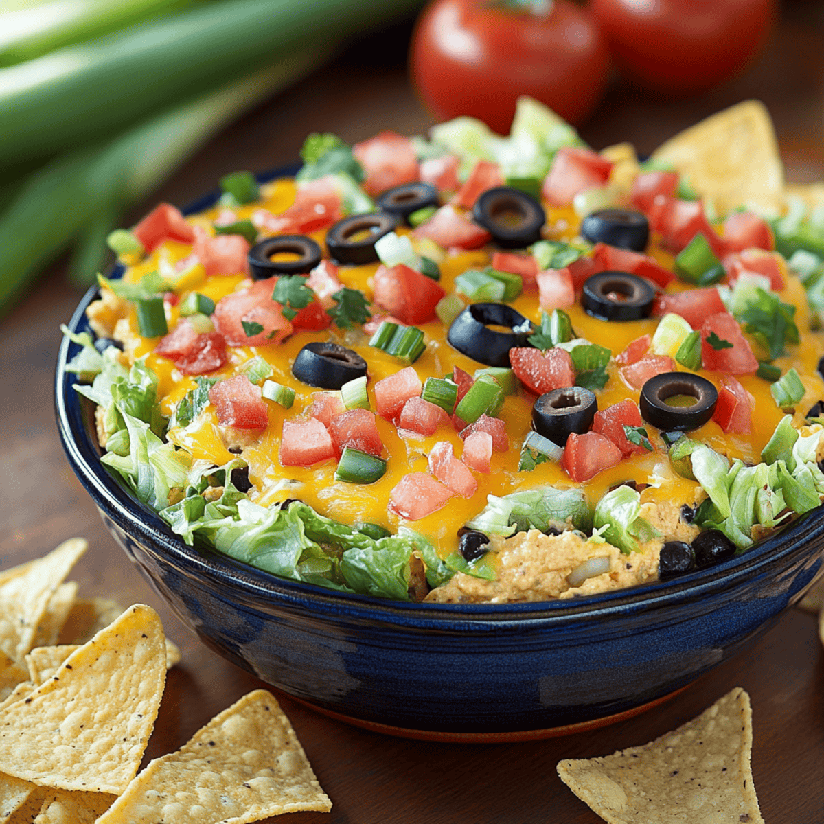 Creamy layered taco dip recipe topped with melted cheddar, lettuce, tomatoes, black olives, and green onions in a rustic bowl