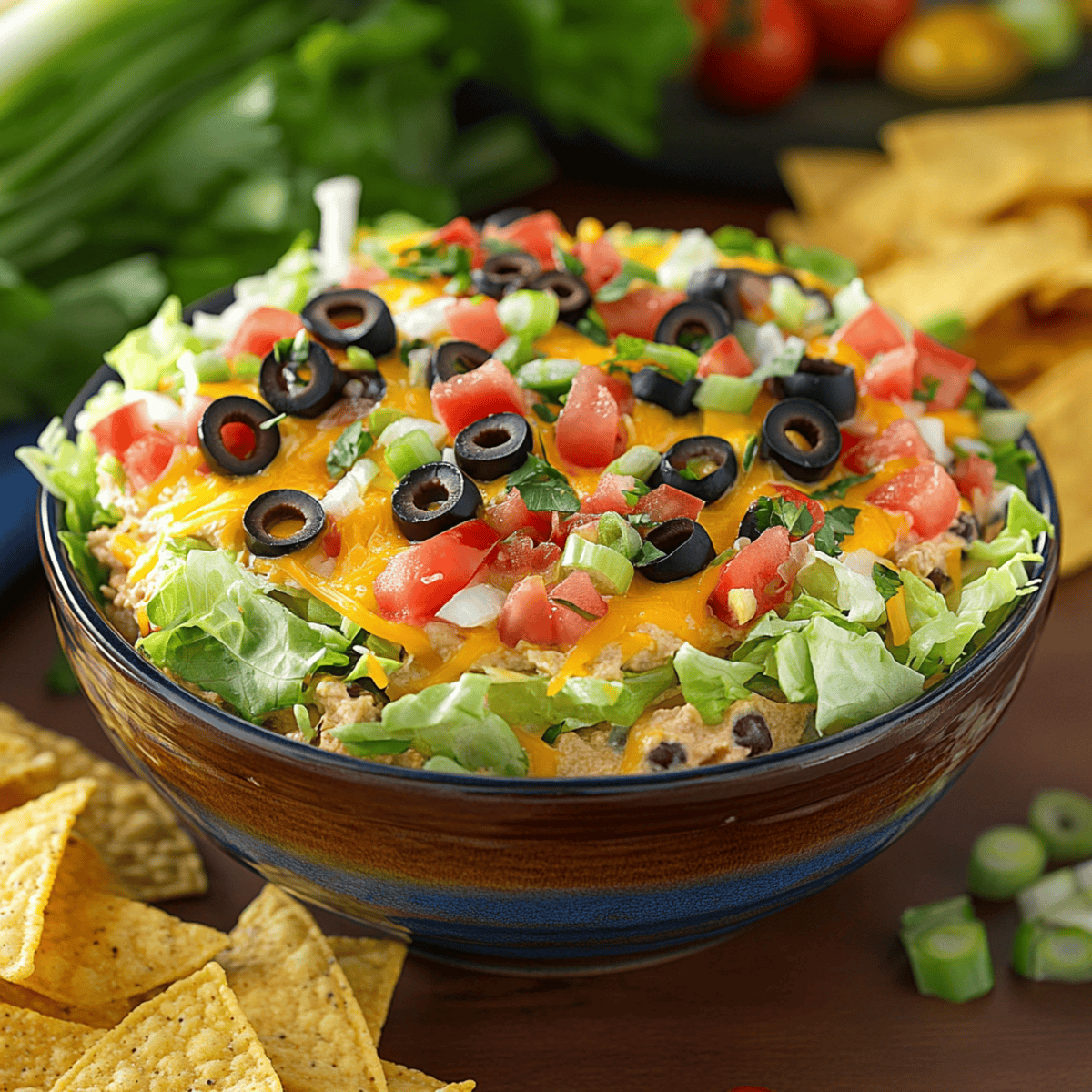 Close-up of a colorful taco dip recipe served with crispy tortilla chips on a wooden table