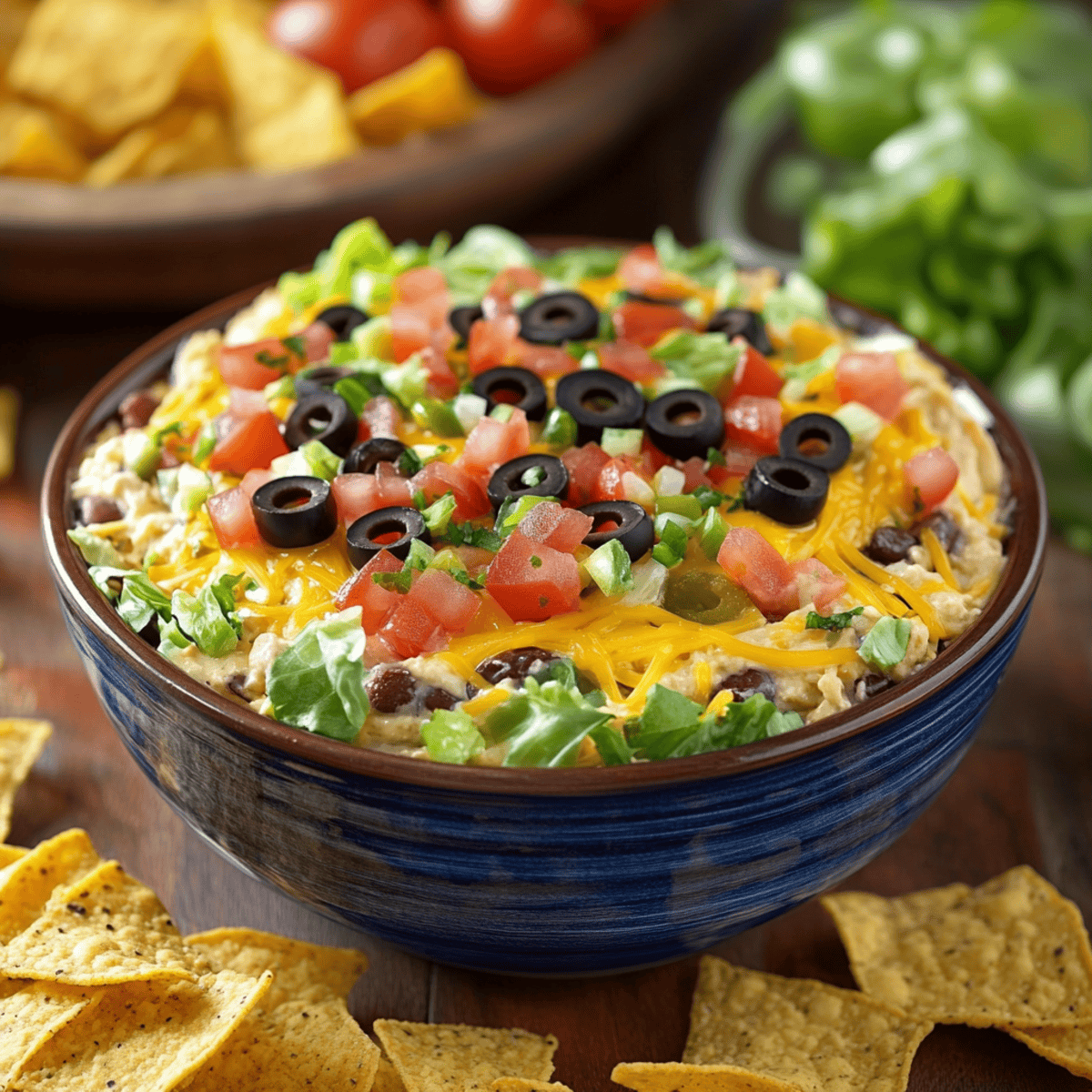 Fresh homemade taco dip recipe with layers of cheese, sour cream, and vegetables ready to serve at a party