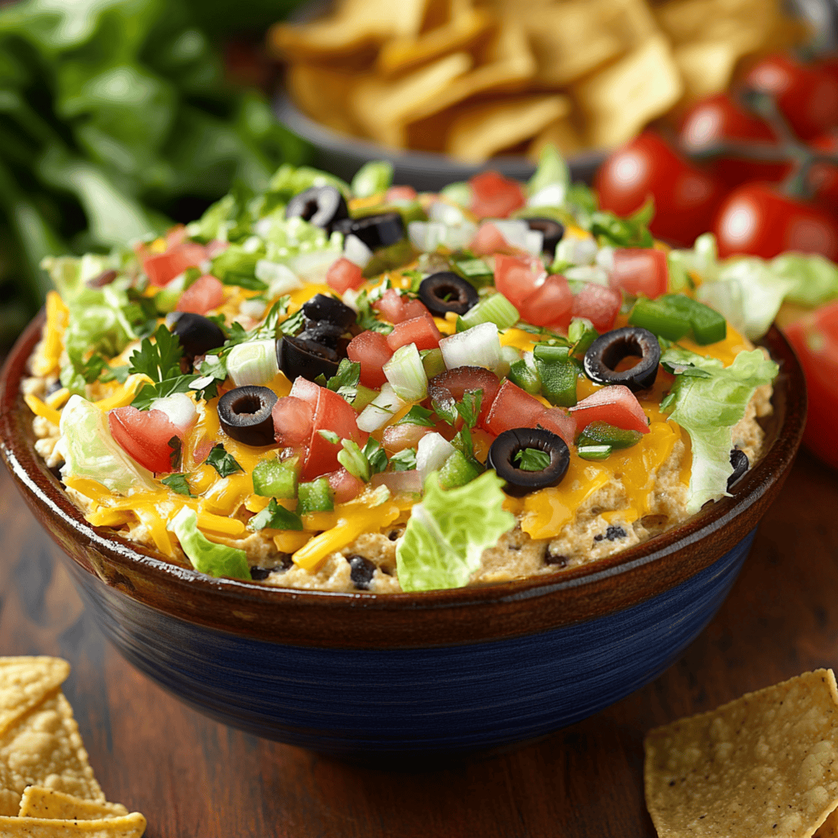 Delicious taco dip garnished with jalapeños and fresh cilantro, served with crunchy tortilla chips on a festive platter