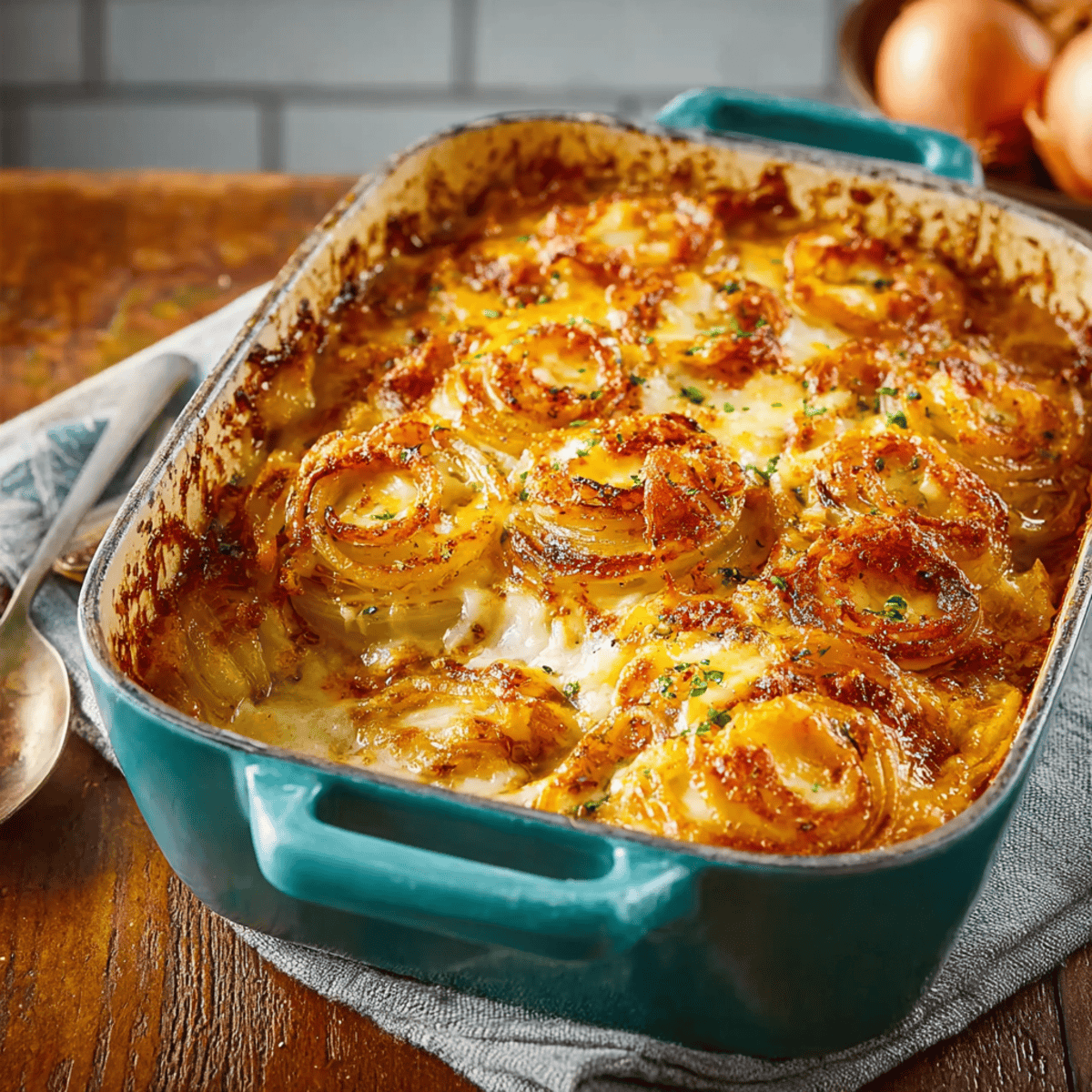 Baked Tennessee Onion casserole with golden melted cheddar and mozzarella on top