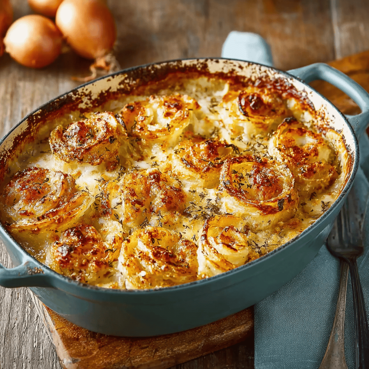 A savory dish of baked onions topped with creamy, bubbling cheese