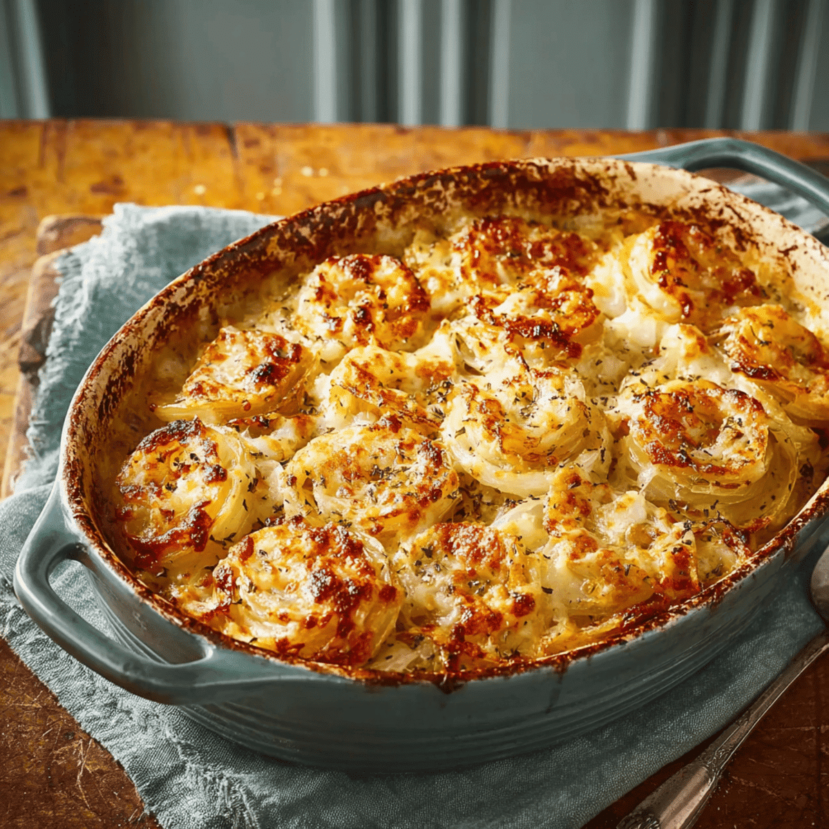 Rustic Tennessee Onion bake with caramelized onions and a crisp cheese topping