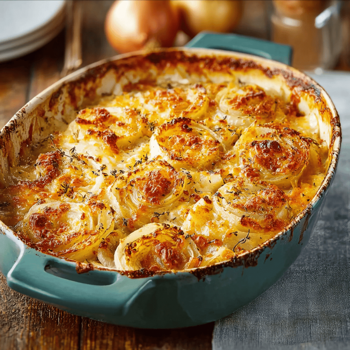 Comforting southern-style baked onions with a golden, cheesy crust