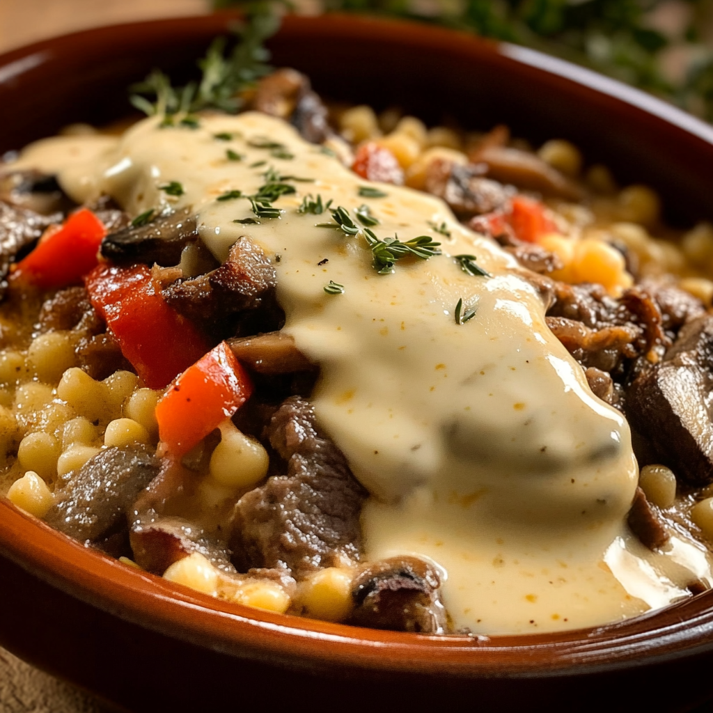 Cheesesteak Fregola in Provolone Cheese Sauce