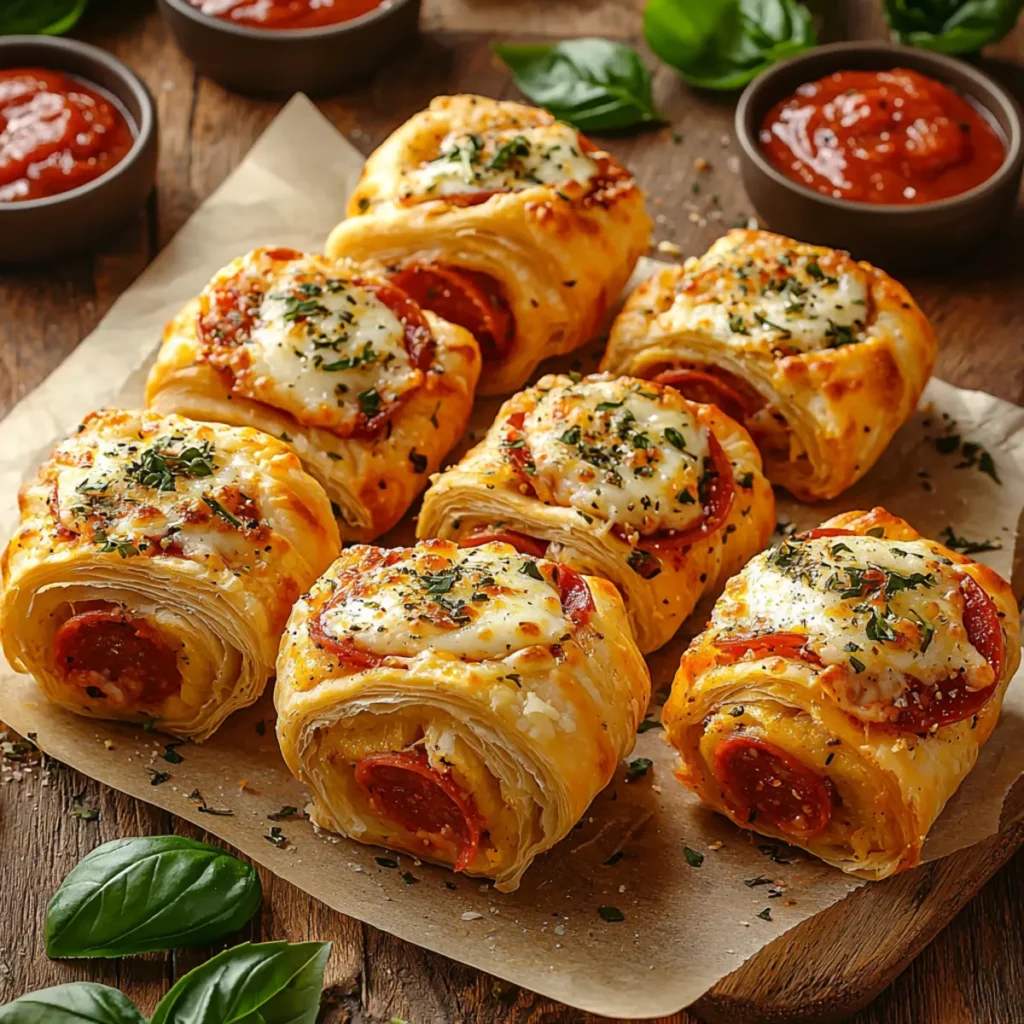 flaky pepperoni pizza rolls with mozzarella and herbs