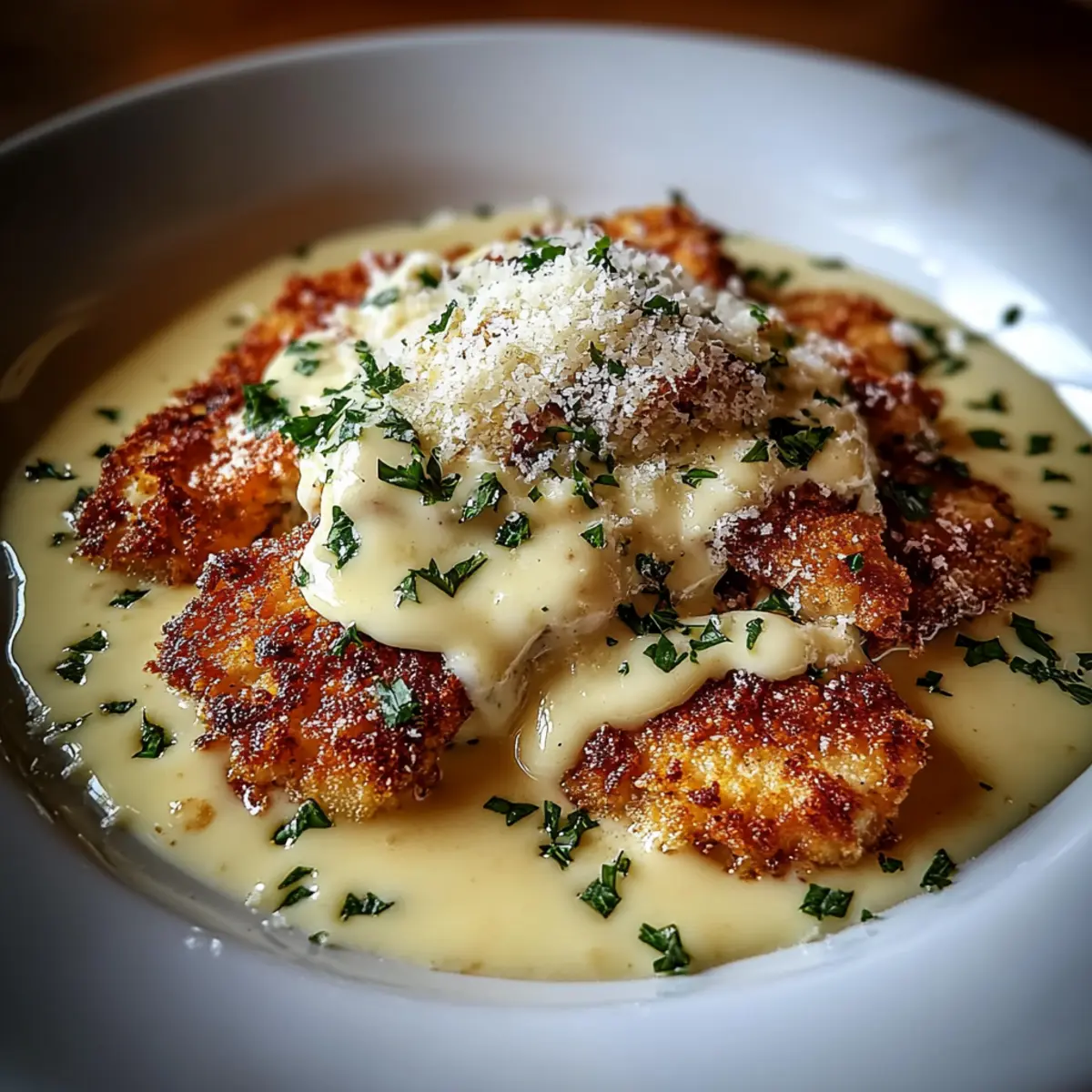 Crispy Parmesan Chicken with Garlic Cream Sauce